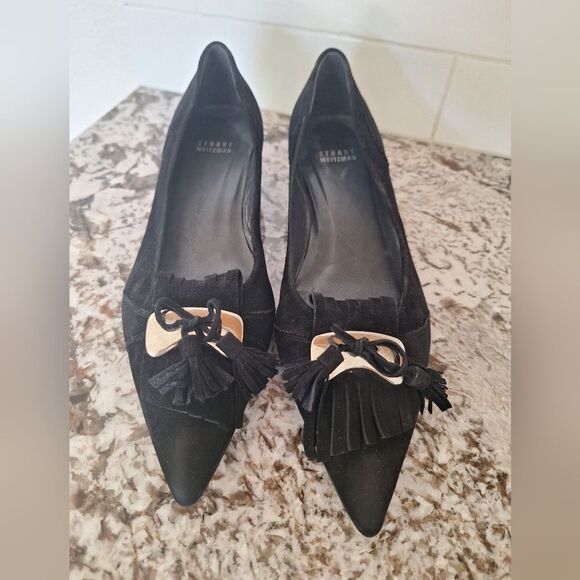 STUART WETZMAN Black Pointy Toe Suede WINGER Pumps With Bow Size 9 M - Picture 1 of 10
